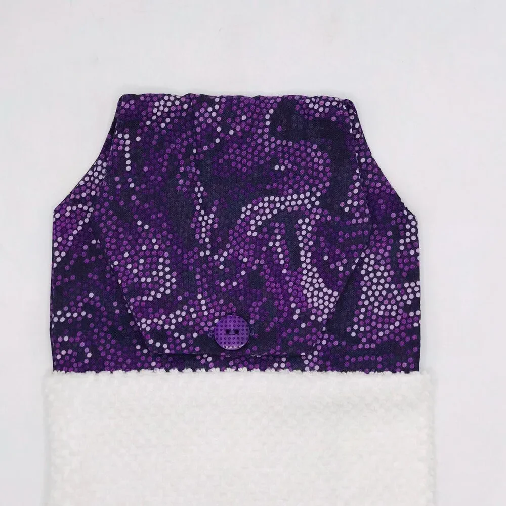 Hanging Kitchen Towel: Purple Swirled Tiny Dots Topper, Button Closure